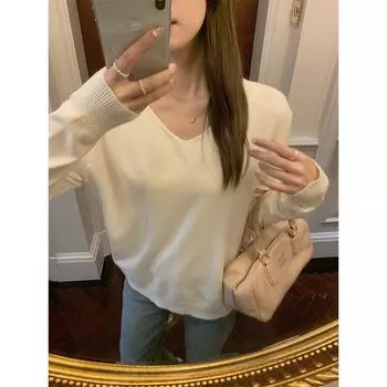 Абрикосовый свитер с V-образным вырезом, утолщенными ключицами и длинными рукавами для женщин на осень и зиму, свободный верх и низ рубашки S