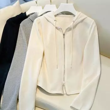 Абрикосовый свитшот с капюшоном для женщин на осень и зиму, кардиган с двойной молнией, новый повседневный короткий топ S