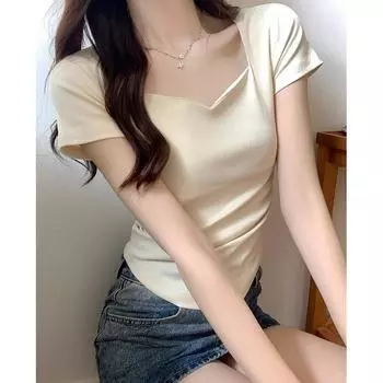 Абрикосовый v-образный вырез, ключица, правое плечо, короткие рукава, летний новый стиль, утягивающая талия, горячая женская футболка, женский подол, закругленный, чистый топ желания S