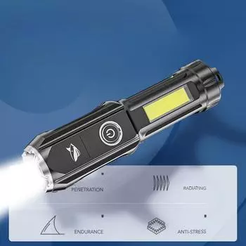 ABS мощный фонарик уличный портативный телескопический фонарик с фокусировкой COB с боковыми фонарями двойной источник света фонарик чёрный