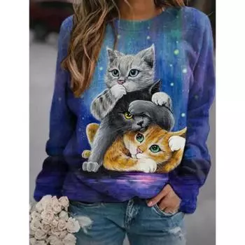 Абсолютно новая женская хлопковая футболка с принтом 3D кота, О-образным вырезом, длинным рукавом, модная милая большая повседневная уличная одежда, свободная футболка S