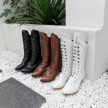 Абсолютно новые, большого размера 45, короткие каблуки, заостренный носок, шнурки, винтажные зимние туфли до середины икры, женские сапоги 35