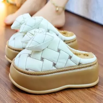 Абсолютно новые дизайнерские тапочки с бантом, женские зимние теплые домашние туфли, толстые мягкие меховые шлепанцы, женские водонепроницаемые домашние тапочки на платформе 36-37 коричневый