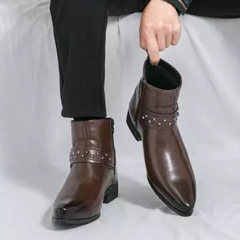 Абсолютно новые мужские высокие монгольские заклепочные удобные рыцарские сапоги осенние новые мужские остроносые модные короткие сапоги с боковой молнией 38 чёрный