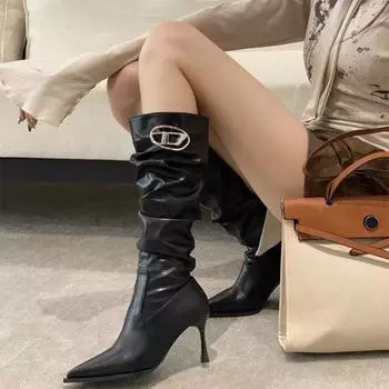 Абсолютно новые сексуальные стильные элегантные сапоги на высоком каблуке с острым носком женские сапоги на тонком каблуке удобные женские туфли с морщинами сапоги D301 38