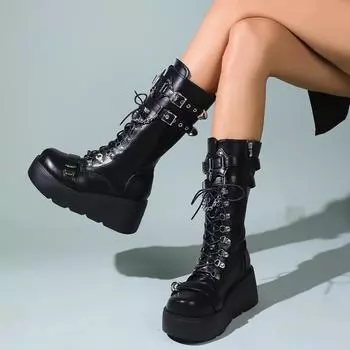 Абсолютно новые женские ботинки на танкетке с высоким каблуком, женские зимние ботинки на платформе, туфли до середины голени, застегивающиеся на молнию, женские туфли для вечеринок и улиц 36