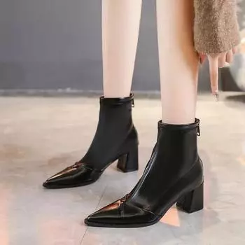 Абсолютно новые женские сапоги на каблуке, женские черные кожаные сапоги с острым носком, ботильоны, туфли для вечеринки, женские сапоги с застежкой-молнией сбоку, размеры 34-39 35