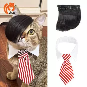 Абсолютно новый парик для домашних животных с прямыми волосами и челкой на бок — аксессуар для костюма на Хэллоуин Cat wig with side bangs