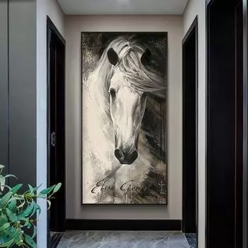 Abstarct Белая лошадь Холст Картина Настенное искусство Ретро животные Плакаты с лошадьми и принты для крыльца Гостиная Настенный декор Cuadros 20x40cm No Framed