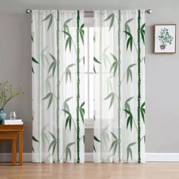 Абстрактные бамбуковые узоры, белые тюлевые прозрачные шторы для гостиной, спальни, кухни, украшения, вуаль, органза, шторы 135W x 114H(cm)