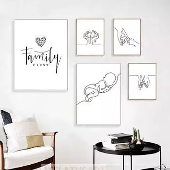 Abstract Black and White Warm Family Quotes Hand in Hand Baby Line Drawing Poster Canvas Wall Art Pictures Home Room Decoration 21x30cm No Framed