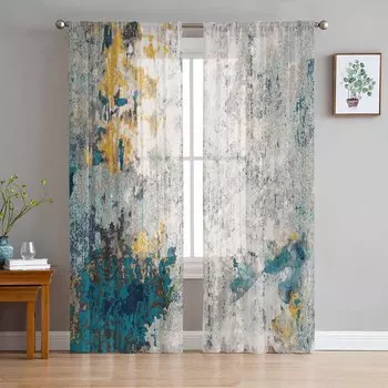 Abstract Blue Hot Stamping Texture Distressed Sheer Curtains for Kids Bedroom Living Room Voile Window Curtains Tulle Drapes W30H65inchW75H166cm
