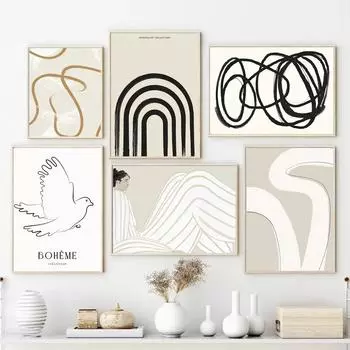 Abstract Boho Wall Art Posters and Prints, Girl Body Curve, Dove, Boho, Beige, Rainbow, Canvas Painting, Wall Pictures, Living R 21x30cm No Framed