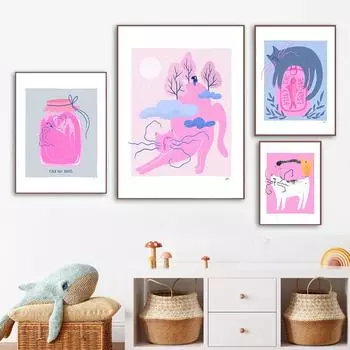 Abstract Cats Feline Paradise Sardine Treasure Canvas Poster Print No Frame Oil Painting Can Pink Cat Animal Room Home Decor 21x30cm No Framed