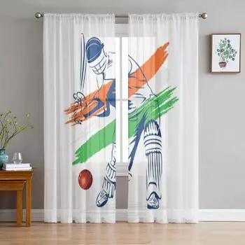 Abstract Cricket Player Hi The Ball Design By Brush Stroke Vector Tulle Sheer Curtains for Living Room Voile Organza Curtain 135W x 114H(cm)