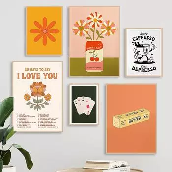 Abstract Daisy FLower Cherry Vase Posters Kitchen Food Butter Coffee Prints Wall Art Canvas Painting Decor Pictures Living Room 21x30cm No Framed светло-серый