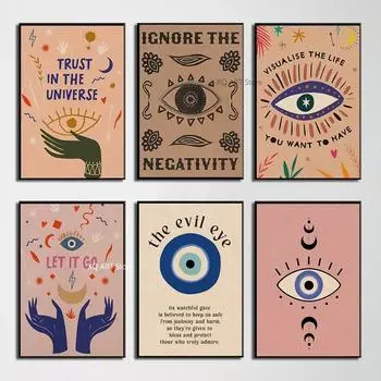 Abstract Eye Shapes Hand Moon Quotes Posters Vintage Canvas Painting Prints Retro Wall Art Picture for Living Room Home Decor 21x30cm No Framed