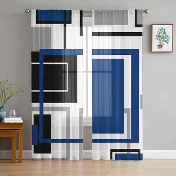 Abstract Geometry Squares Modern Art Blue Tulle Curtains Living Room Kitchen Window Decoration Chiffon Voile Sheer Curtain W135 x H115cm x1&Rod Pocket