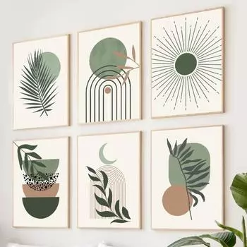 Abstract Green Palm Leaves Sun Semicircle Boho Wall Art Canvas Painting Living Room Decoration Posters Prints Home Wall Pictures 21cm30cm NoFrame