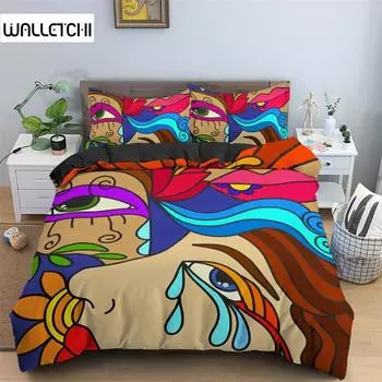 Abstract Human Face Duvet Cover Twin Full King Double Microfiber Mystic Artwork Comforter Cover Psychedelic Graffiti Bedding Set EU single(135x200cm)