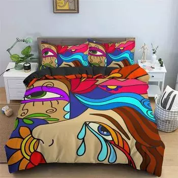 Abstract Human Face Duvet Cover Twin Full King Double Microfiber Mystic Artwork Comforter Cover Psychedelic Graffiti Bedding Set 70x133cm 2pcs