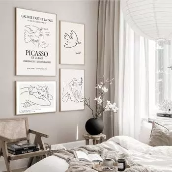 Abstract Line Bird Woman Face Canvas Paintings Picasso Matisse Minimalist Wall Art Poster Modern Print Pictures for Home Decor 21x30cm No Framed