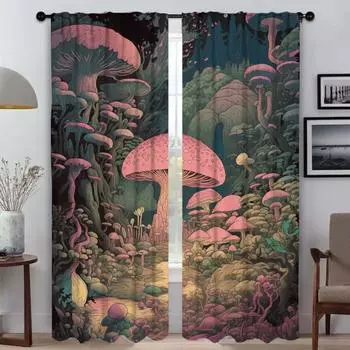 Abstract Mushroom Pattern Kitchen Curtains 2 Pieces Curtains for Bedroom Halloween Decoration Window Curtain Partition Blinds W50xH70cmx2pcs-CL