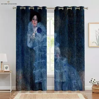 Abstract Oil Painting Classical Print Curtain, Bedroom, Dormitory, Studio, Study Room, Decorative, Easy to Wash, 2 Pieces W50X130H(CM)X2PCS&Grommet Top