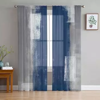 Abstract Oil Painting Texture Blue Grey Sheer Curtains for Living Room Decoration Window Curtains Kitchen Tulle Voile Curtains W135 x H115cm x1