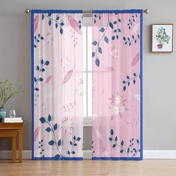 Abstract Plant Leaves Pink Flower Feathers Window Tulle Curtains for Living Room Bedroom Hotel Luxury Decoration Sheer Curtains 135W x 114H(cm)
