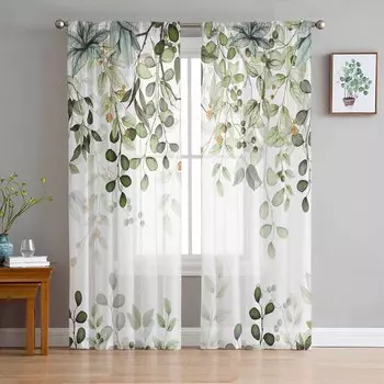Abstract Sage Green Leaves Branches Sheer Curtains for Living Room Decoration Window Curtains Kitchen Tulle Voile Curtains W135 x H115cm x1