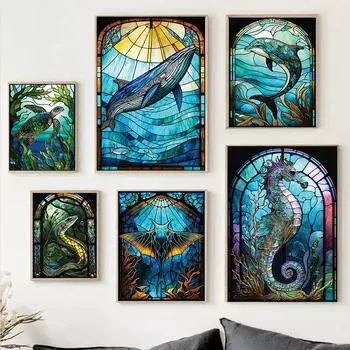 Abstract Sealife Stained Glass Pattern Art Poster Prints Canvas Painting Seahorse Manta Ray Whale Shark Dolphin Home Decor 21cm30cm NoFrame
