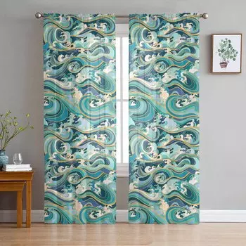 Abstract Summer Gradient Ocean Waves Sheer Curtains for Living Room Decoration Window Curtains Kitchen Tulle Voile Curtains W135 x H115cm x1