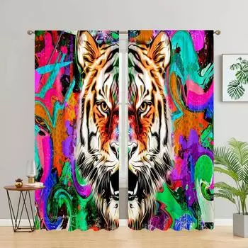 Abstract Tiger Pink Print High Shading Curtain Rod Pocket Window Treatment for Bedroom Office Kitchen Living Room Study Decor W55 X H120cm X 2&HOOK