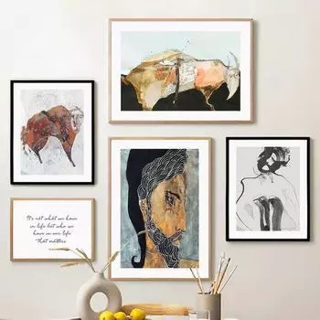 Abstract Wall Art Canvas Painting Beard Man Cow Writing Ink Black White Posters And Prints Wall Pictures For Living Room Decor 21cm30cm NoFrame