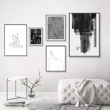 Абстрактное настенное искусство Плакат Черно-белая живопись Холст для интерьера Картина для дизайна дома Художественные принты Декор комнаты Без рамки 21*30cm No Frame