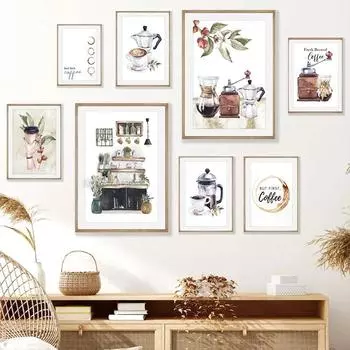 Абстрактная акварель Кофеварка Чашки Бобы Настенная живопись Холст Картина Плакат и принты Настенные картины для кафе Декор гостиной 21x30cm No Framed