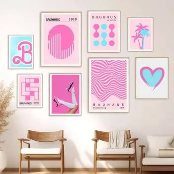 Абстракция Баухаус Кокосовая пальма Любовь Коньки Розовый Синий Плакат Холст Картина Галерея Настенные художественные принты Картина Декор для гостиной 21x30cm No Framed
