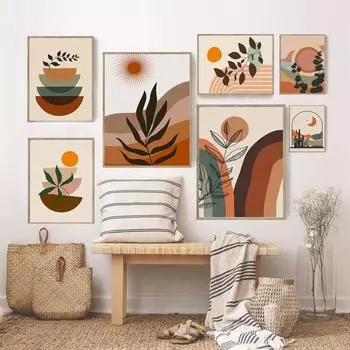 Абстракция Бохо Солнце Луна Плакат Листья Кактуса Пейзаж Холст Картина Современная Гостиная Настенные Художественные Печати Картина для Домашнего Декора 21x30cm No Framed