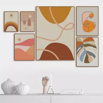 Абстракция Гора Река Солнце Домашнее украшение Картина Радуга Солнечный свет Ваза Гостиная Стена Холст Плакат Линия Цветной Блок Печать 21cm30cm NoFrame