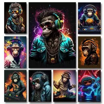 Абстракция Поп-арт Обезьяна Наушники Диджей Музыка Настенный Плакат Печать Неоновые Световые Эффекты Холст Картина Рок Животное Домашний Бар Декор Комнаты 21x30cm No Framed