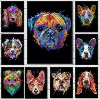 Абстрактная акварель, французский бульдог, мопс, постеры, печать на холсте, красочная картина с изображением собаки, настенная живопись для гостиной, Куадрос 21x30cm No Framed