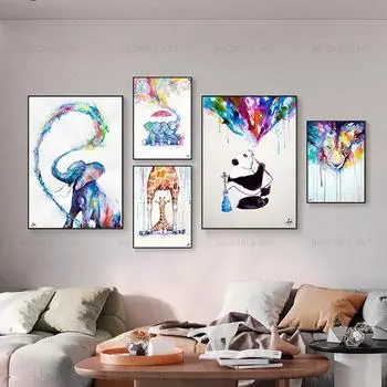 Абстрактная акварельная живопись Слон Лев Панда Холст Плакаты Печать Красочные животные Настенные художественные фотографии для детской комнаты Домашний декор 21cm30cm NoFrame