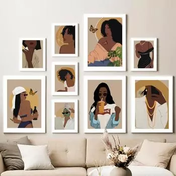 Абстрактная бабочка Монстера Черная мода Девушка Африканское искусство Скандинавские постерыКартины на холсте Печать настенных картин Декор для гостиной 21x30cm No Framed