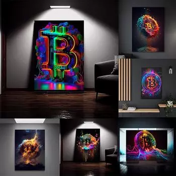 Абстрактная биткойн-стрит граффити холст картина красочный неоновый эффект биткойн-плакат с принтом вдохновляющий настенный художественный декор комнаты 21x30cm No Frame