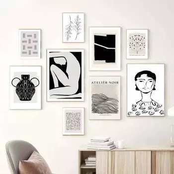 Абстрактная богемная линия, женская ваза с листьями, цветы, плакаты середины века, холст, картина, настенная живопись, печать, картина для гостиной, домашний декор A4 21X30cm No Framed