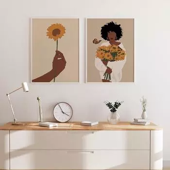 Абстрактная черная женщина в стиле бохо, любитель цветов, плакат на скандинавскую тему и принт, настенная живопись на холсте, настенные картины для девочек, декор для гостиной 21cm30cm NoFrame