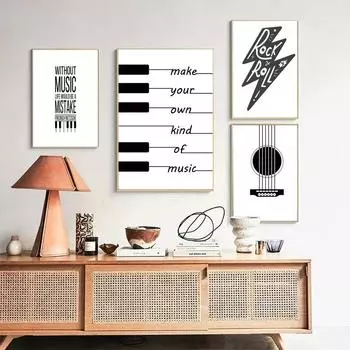 Абстрактная черно-белая фортепианная клавиатура, ноты, гитара, текст, холст, картина, скандинавская настенная живопись, постер, декор для спальни 21cm30cm NoFrame
