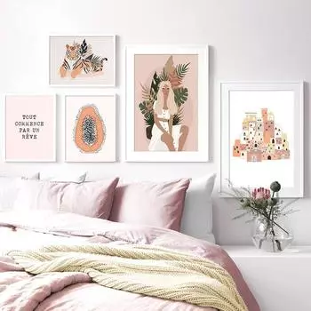 Абстрактная девушка дом папайя птица более плотные винтажные постеры и принты настенная живопись на холсте настенные панно для декора гостиной без рамки 21*30cm