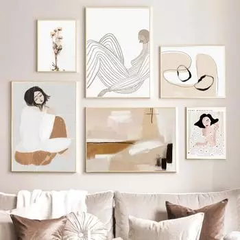 Абстрактная девушка с цветами, цветными блоками, классический плакат на скандинавскую тему и принты, настенная живопись на холсте, настенные панно для декора гостиной 21x30cm No Framed